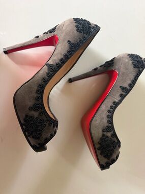 New! Christian Louboutin Gray Suede High Heels with Black Embroidery